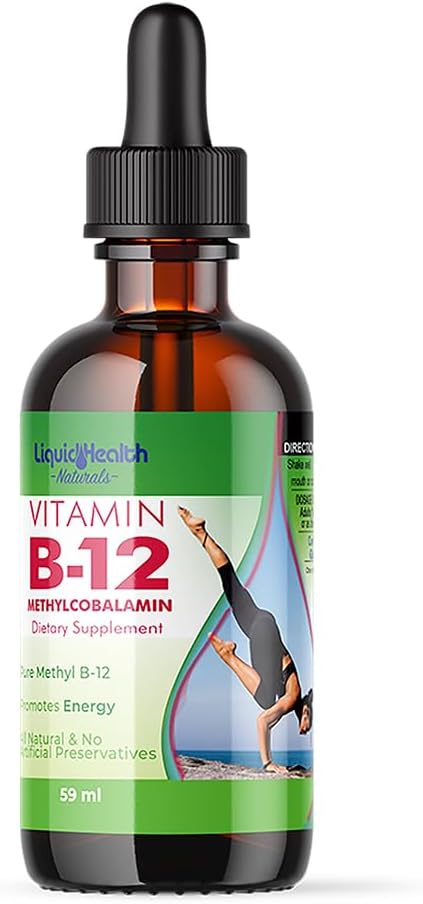 LIQUIDHEALTH Witamina B12 Metylokobalamina płynne krople z podjęzykowym hydroksokobalaminy - Energia Boost, Wsparcie immunologiczne, Poprawa pamięci i koncentracji - Made in USA, Wegan, Non-GMO (2 oz)