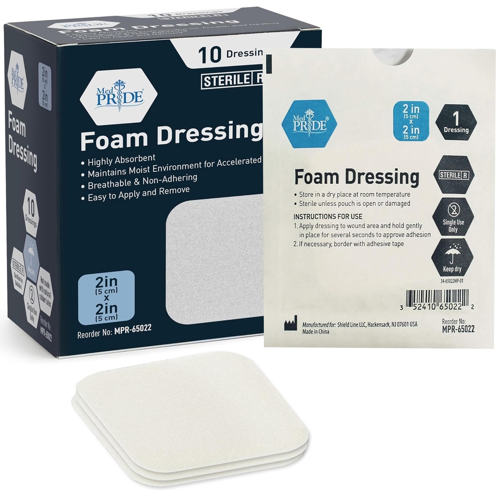 MED PRIDE Sterylne opatrunki na pianę dla ran, Miękki Absorbent Non-Adhesive Wodoodporny wkładka medyczna na pianę wrzodową, Urazy (2x2 Inch (Pack of 10))