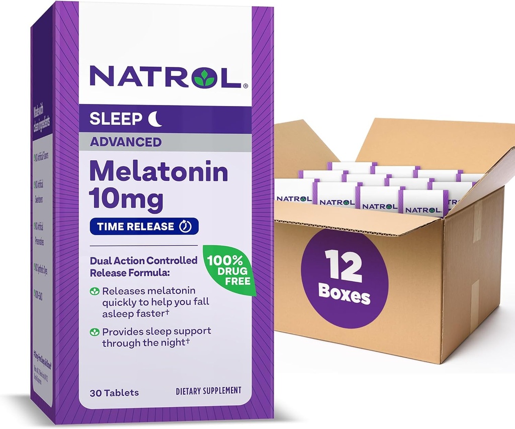 Natrol Advanced Sleep Melatonin 10mg, Suplement diety do niespokojnego snu, Release Time Melatonin Tablets, 30 Time- Release Tablets, 30 Day Supply (Opakowanie po 12)