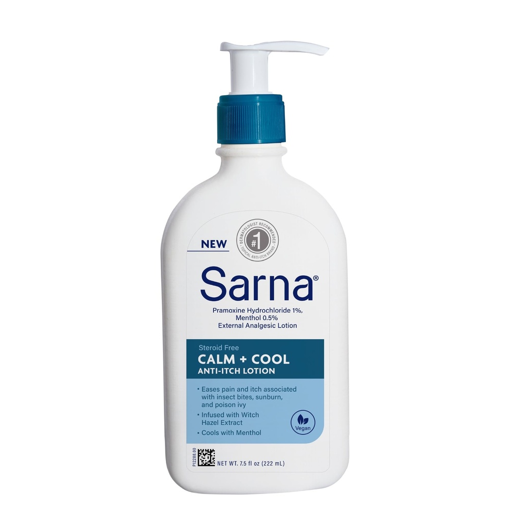 Sarna Calm + Cool Anti-Itch Lotion, Soothe and Relieve Pain and Itch from Insect Bites, Sunburn, & Poison Ivy, Zawiera 1% Pramoxine Hydrochloride, 0,5% Menthol, Vegan, Steroid- Free, 7.5oz