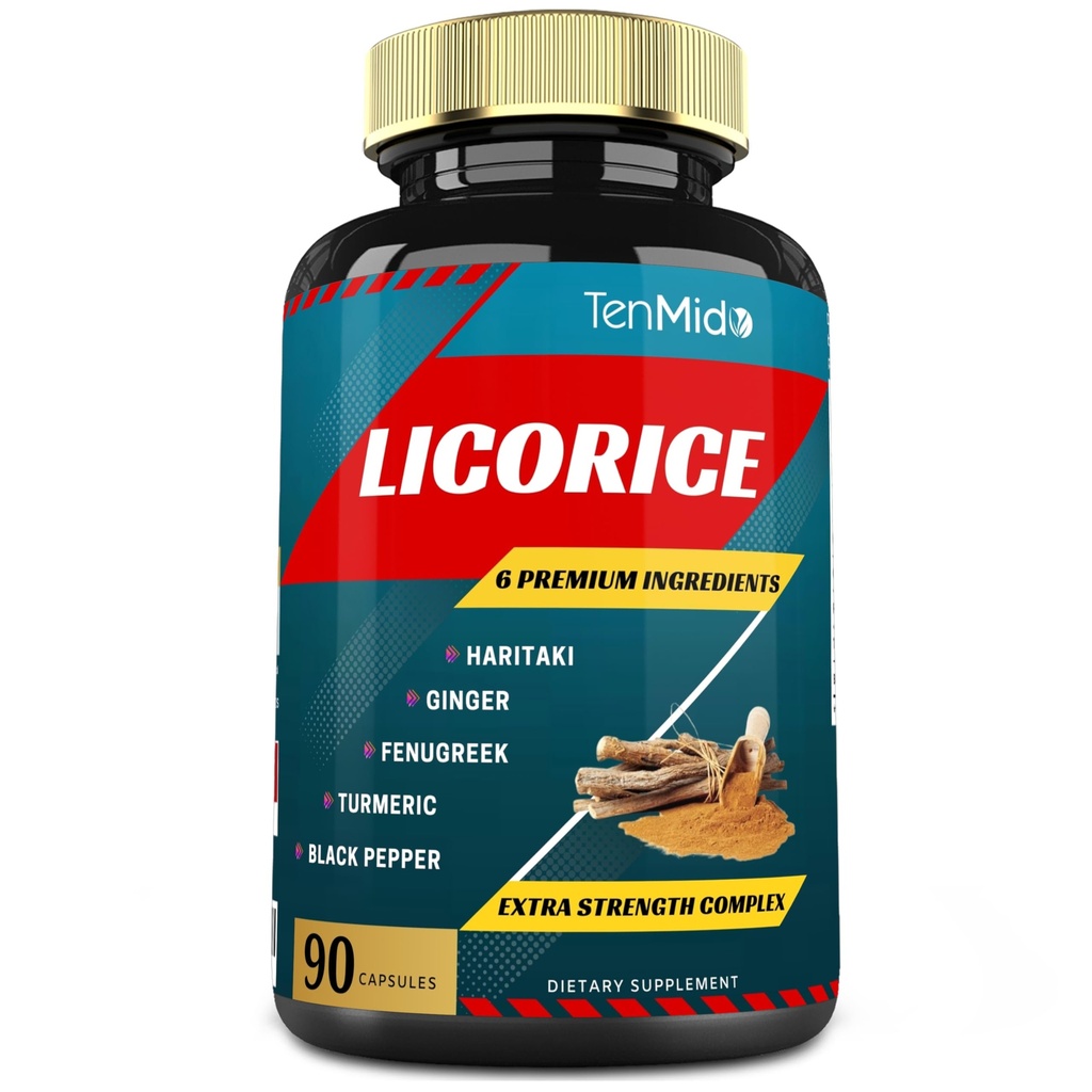 Licorice Extract Kapsułki z Turmeric, Ginger, Kozieradka, Haritaki, Black Pepper - Pomocnicza funkcja trawienia - 90 Czapki, 3 miesiące dostaw
