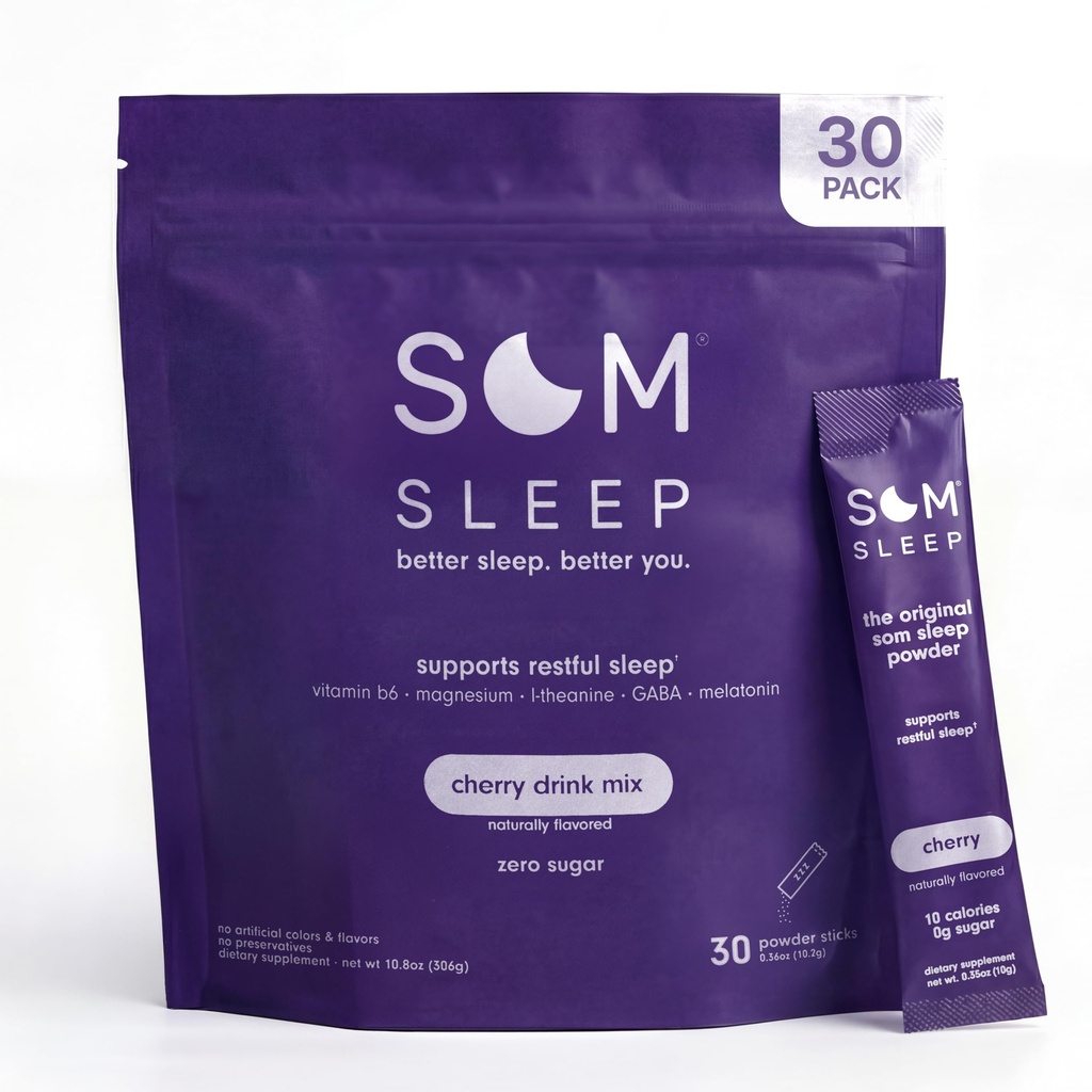 Som Sleep, Calm Sleep Aid w proszku Drink Mix, 3mg Melatonina, Magnez, Witamina B6, L-Theanine & GABA - Wegan, Zero cukru, Keto Friendly - Cherry, 30- Pack