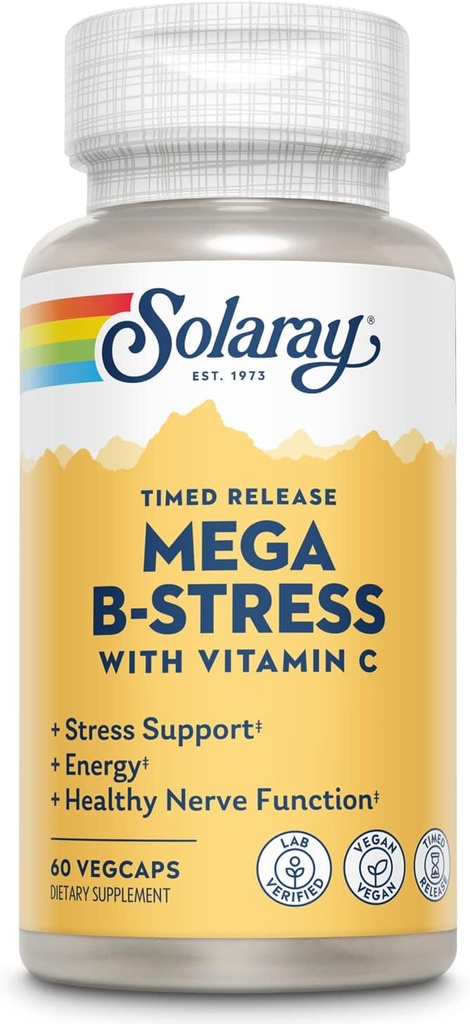 SOLARAY Mega Witamina B- Stres, Timed- Release Witamina B Kompleks z 1000 mg Witaminy C dla Stres, Energia, Czerwona Krwinka i Wsparcie immunologiczne, 60 Dzień Gwarancja, Wegan, 20 Służenie, 60 VegCaps