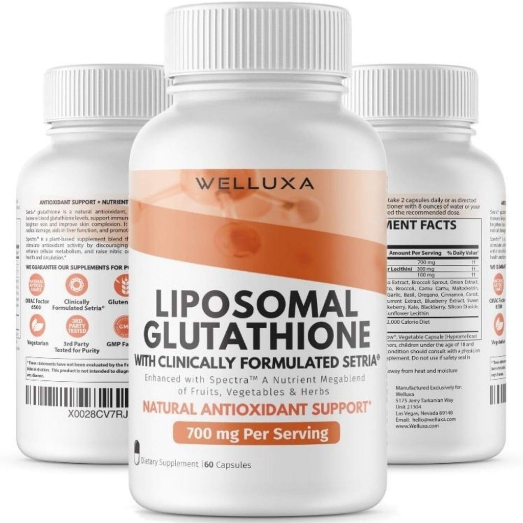 Liposomal Glutathione (Setria ® 700 mg) - Glutation - Glutathione Supplement - Active Form Pure Glutathione - Enhanced Absorption - Non GMO Antioksydant, Detox, Kardioviral, Immune Health (60 ct)