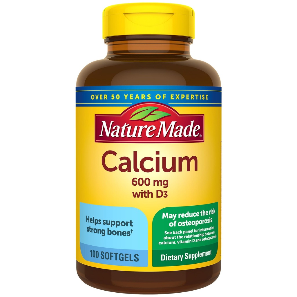 Nature Made Wapń 600 mg z witaminą D3, Suplement diety dla wsparcia kości, 100 Softgels