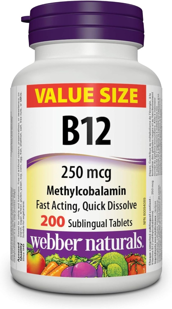 Webber Naturals Witamina B12 250 µg Metylokobalamina, 200 Tabletki podjęzykowe