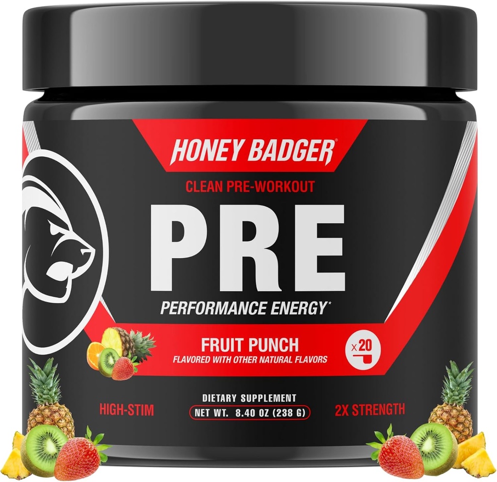 Miodowy Borsuk Wstępny Trening Proszek, Keto Vegan Wstępny trening dla mężczyzn i kobiet, Beta Alanina & Kofeina, Sugar Free Natural Energy Supplement, Fruit Punch (High- Stim)