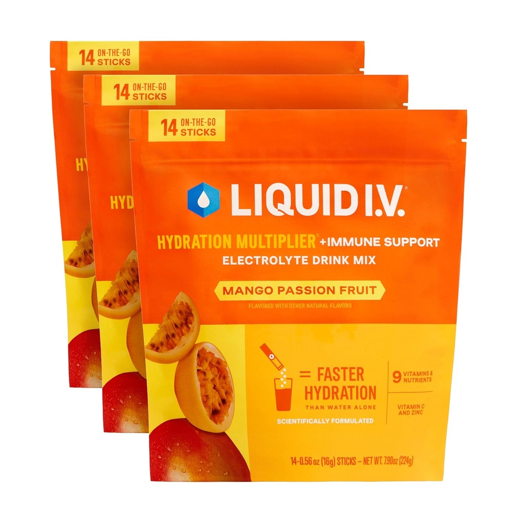 Płyn I.V. ® Nawodnienie mnożnik + Immune Support - Mango Passionfruit Equipment 124; Electrolyte w proszku Drink Mix Equipment 124; 3 Pack (42 Servings)