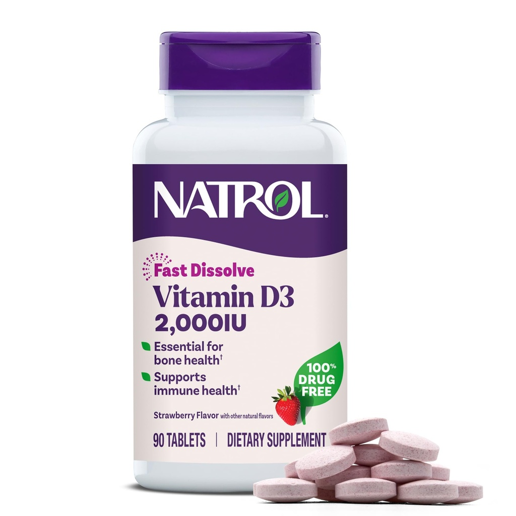 Natrol szybko rozpuszcza witaminę D3 2000 j.m., Suplement diety dla zdrowia kości i stawów, Suplement wsparcia kości, 90 Tabletki, 90 Day Supply