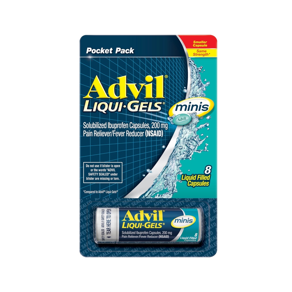 Advil Liqui- Gels minis Reliever Pain i Fever Reducer, Pain Medicine dla dorosłych z Ibuprofen 200mg dla łagodzenia bólu - 8 Kapsułki napełnione płynem