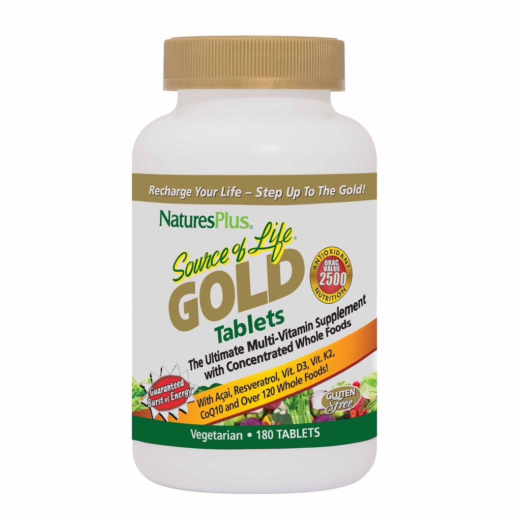 Nature Plus Source of Life Gold Multivitamin - 180 Tablets - Wsparcie krwi, Wsparcie kości, Zdrowy system immunologiczny - Zawiera witaminy D3, B12, K2 & Ponad 120 Całej żywności Nutricents - 60 Służenia