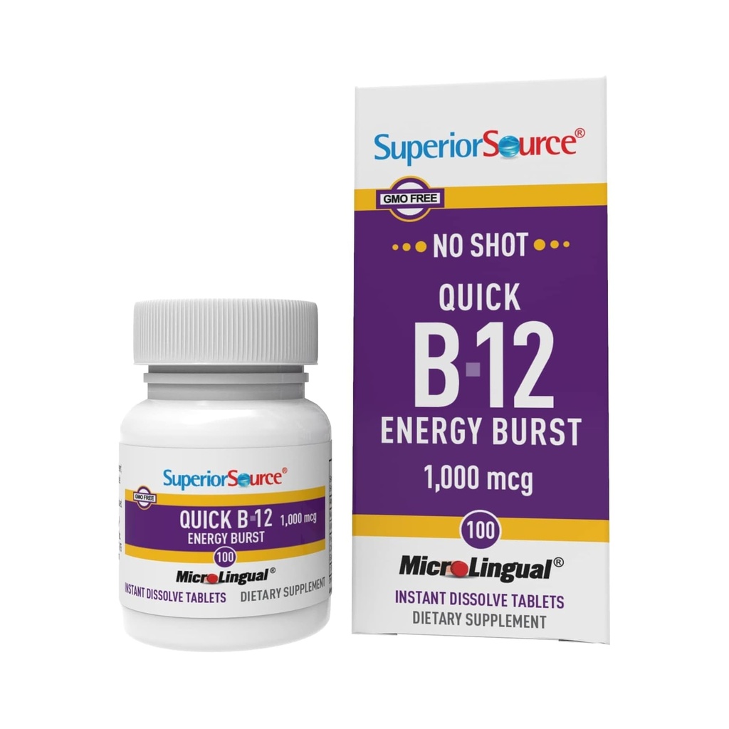 Superior Source NO Shot Quick Energy Burst B- 12 000 mcg - Premium Nerwowy System Wsparcia Suplement - Nie-GMO & Gluten- Free - 100 MicroLlingual Instant Disolve Tablets