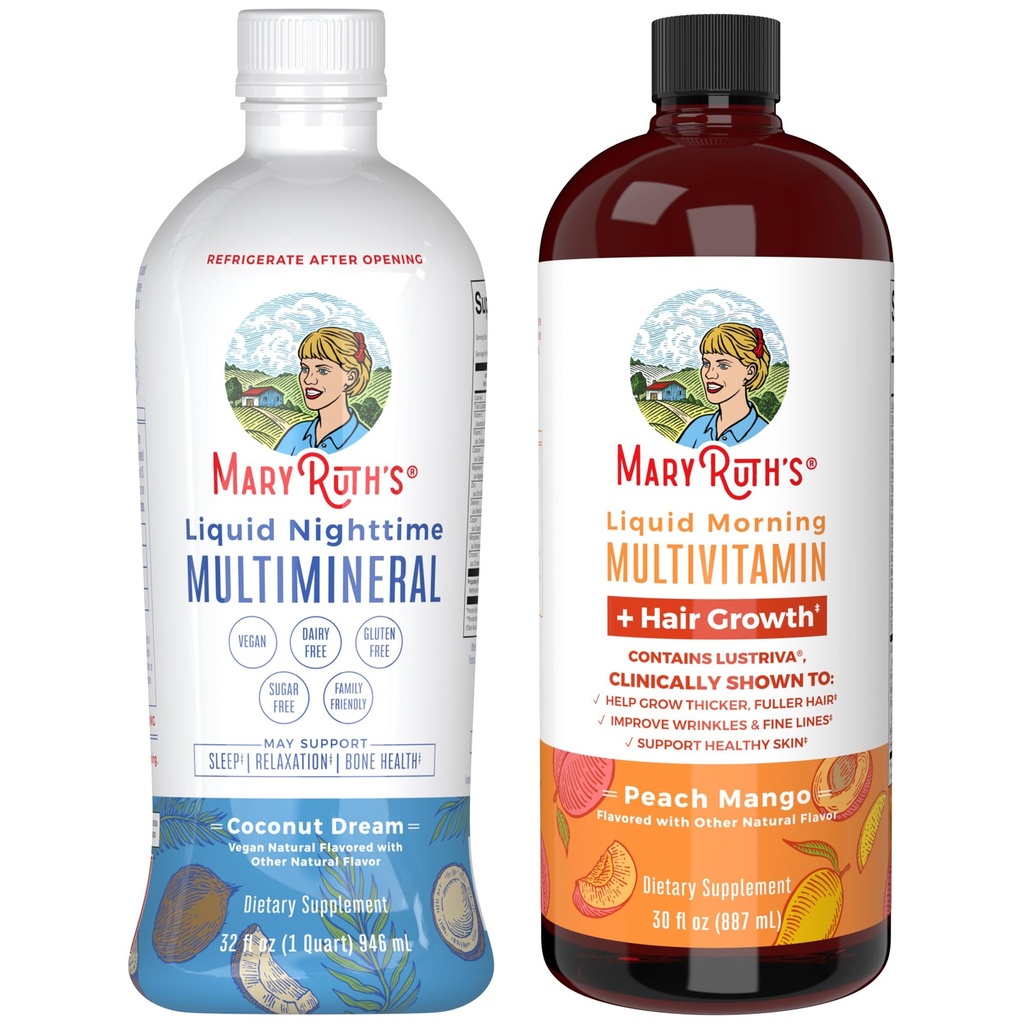 MaryRuth 's Nighttime Multimineral (Kokos, 32oz) & Multivitamin Liquid + Hair Growth (Peach Mango, 30oz) 124; Clean Label Project Verified ® Revised 124; Bedtime Routine & Beauty Equipment 124; Sugar- Free, Vegan, Gluten- Free