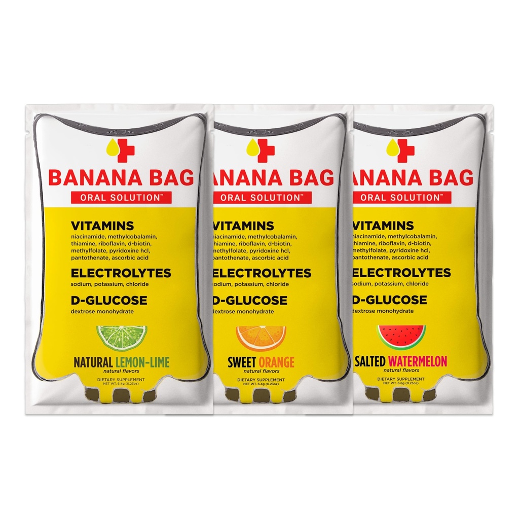 Pakiety Banana Bag Oral Solution - Variety Pack 6pk Size 124; Odświeżający Mieszanka Elektrolitów, Witaminy C i B- Complex Size 124; Wykonany do Hydration i Daily Boost Every - w domu, Praca, lub na Go
