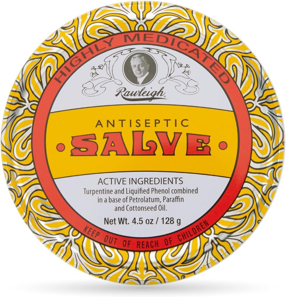 Rawleigh Antiseptic Salve Iconic Yellow Big Tin: 4.5 oz, naturalne, wielozadaniowa maść łagodzi cięcia skórne, siniaki, podrażnienia, z terpentyny, fenol, olej z nasion bawełny, Oryginalna formuła - Opakowanie 1