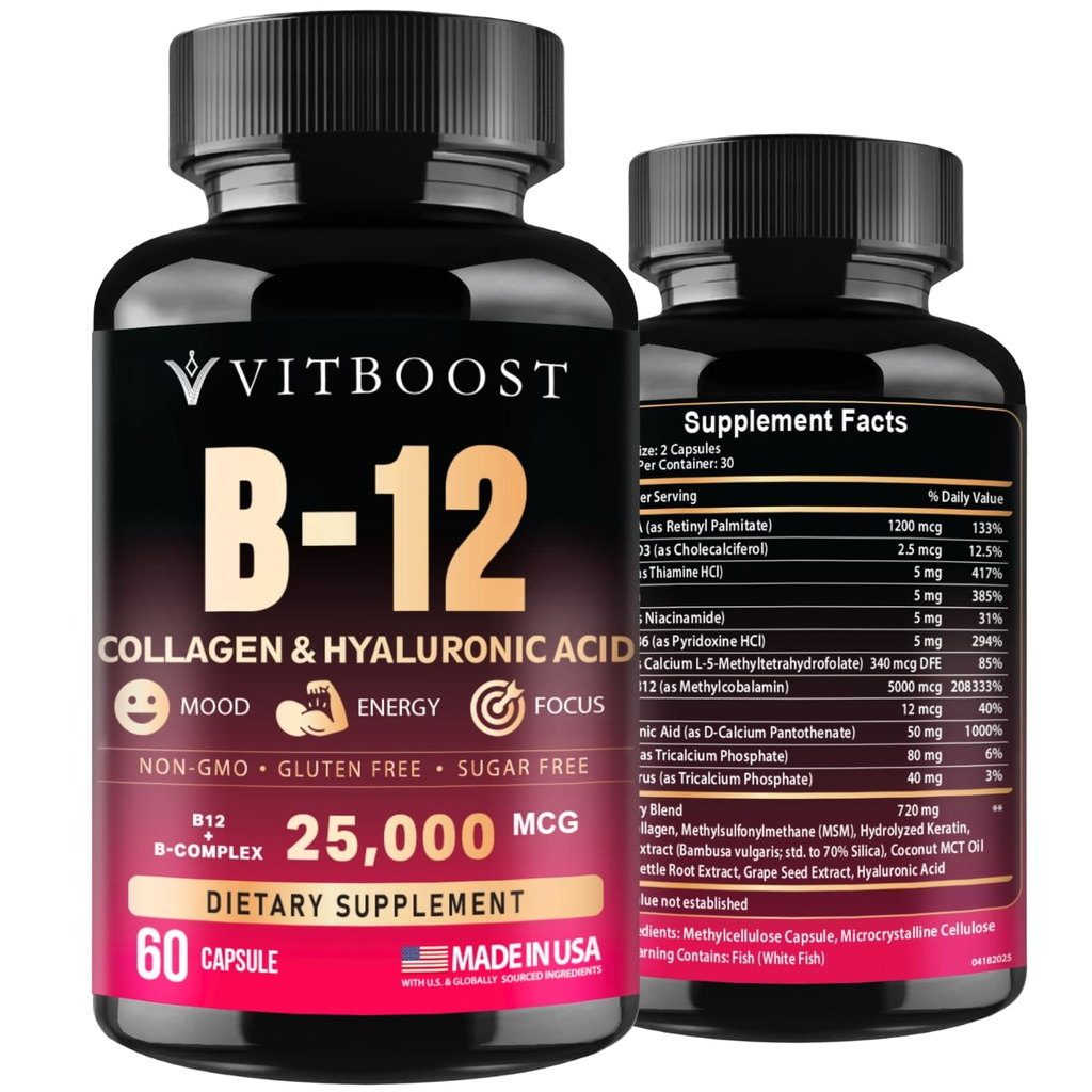 B12 z kwasem hialuronowym, kolagenem i folianem - 25000 mcg B12 Complex Advanced 124; Maksymalizacja absorpcji i energii do 124; Gluten Free USA Made, B1, B2, B3, B6, B7, B12 Witaminy 5000 mcg Methylcobalamina - 60 Kapsułki