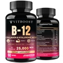 B12 z kwasem hialuronowym, kolagenem i folianem - 25000 mcg B12 Complex Advanced 124; Maksymalizacja absorpcji i energii do 124; Gluten Free USA Made, B1, B2, B3, B6, B7, B12 Witaminy 5000 mcg Methylcobalamina - 60 Kapsułki