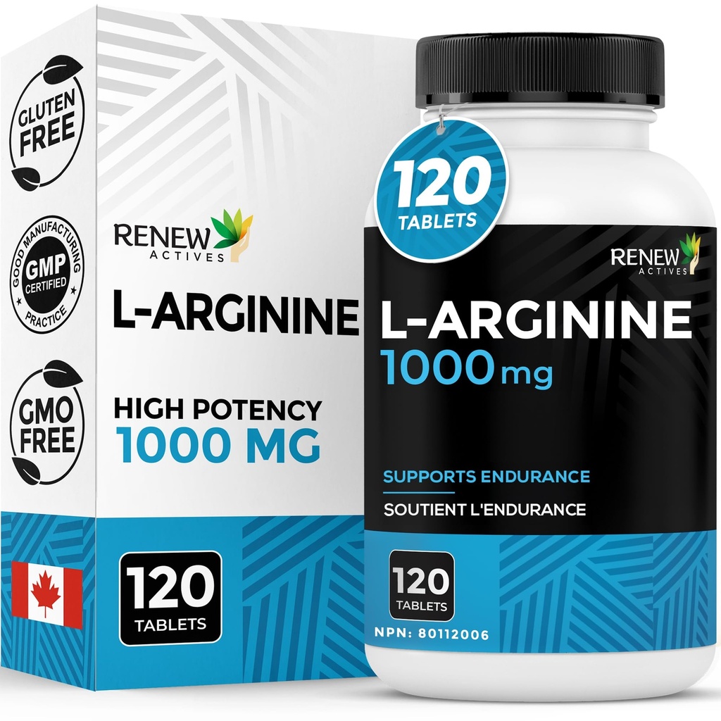 Renew Actives L- Arginine Supplement 1000MG do serwowania - Siła i wytrzymałość, Zasadnicze dla syntezy białek i funkcji mięśni, Fizyczny booster wydajności - Made in Canada - 120 Tablets