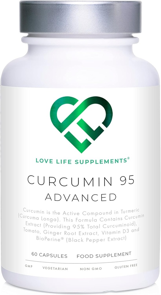 Curcumin 95 Advanced, 60 Capsules, High Strength Curcumin (The Active Component of Turmeric) with 95% Curcuminoids + BioPerine® (Black Pepper Extract), Vitamin D, Tomato and Ginger Root, GMP Approved