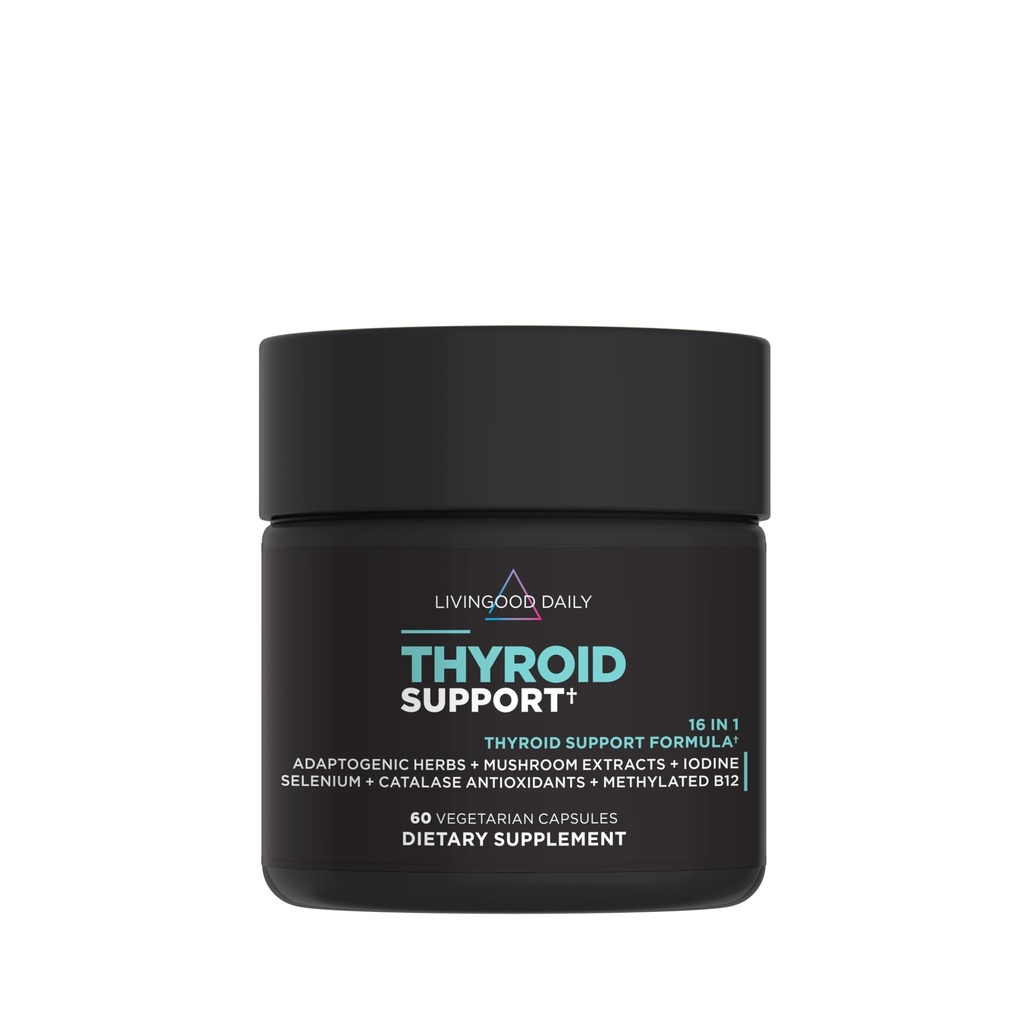 Livingood Daily Thyroid Supplement, 16- in-1 Wellness Mieszanka z Adaptogenic Herbs, jodu, magnezu i selenu, Wsparcie dla tarczycy dla kobiet i mężczyzn, Kapsułki wegetariańskie, Gluten Free, 60 Hrabia