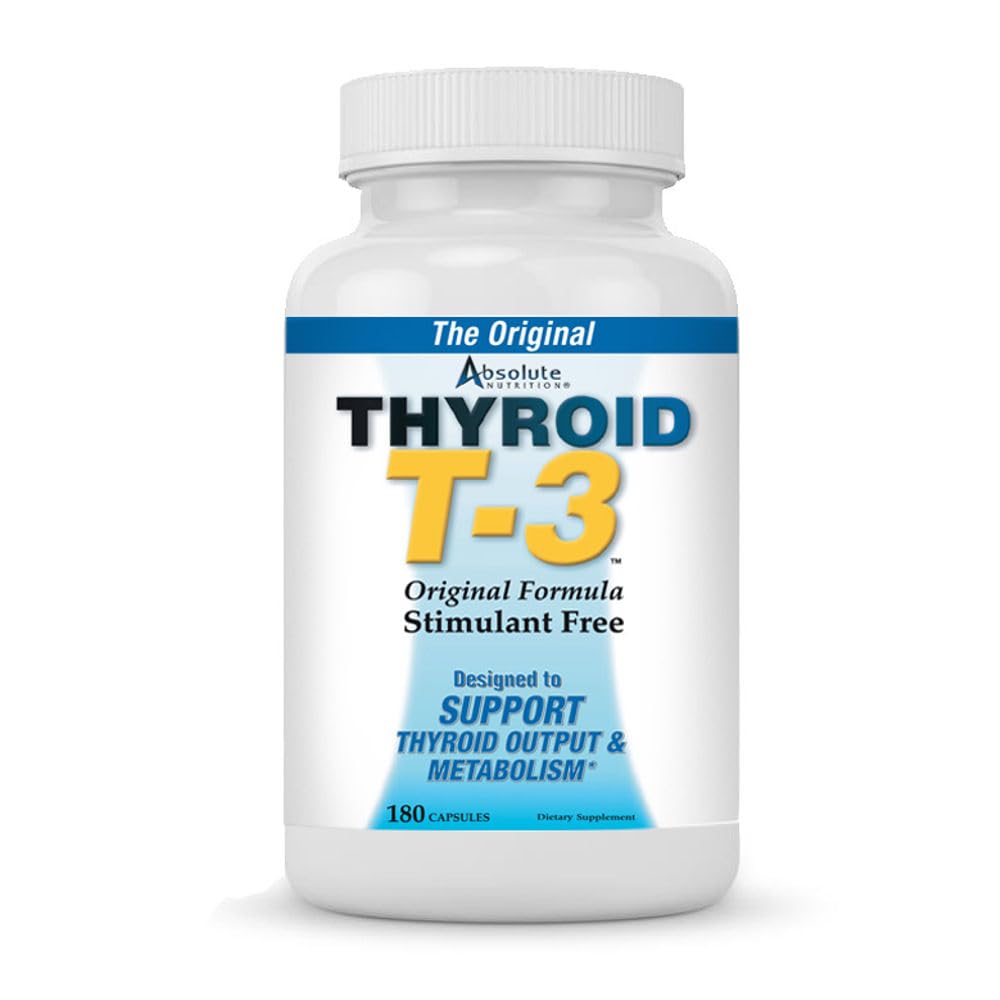 Absolute Nutrition T- 3 Thyroid Radykalny booster metaboliczny, Energia i Focus Unflavored Thyroid Support Formuła kapsułki, Naturalny booster metabolizmu, Wsparcie zdrowe funkcje tarczycy, 180 Kapsułki