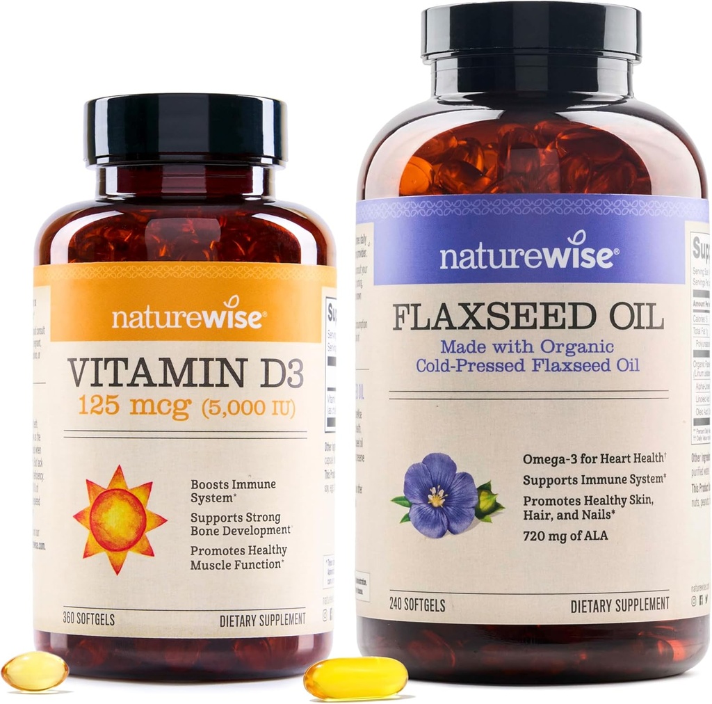 NatureWise Witamina D3 5000iu (125 μg) 1 Rok Dostawa dla Zdrowych Mięśnie Funkcje, i immunologiczne Wsparcie Organic Flaxseed Oil Max 720mg ALA