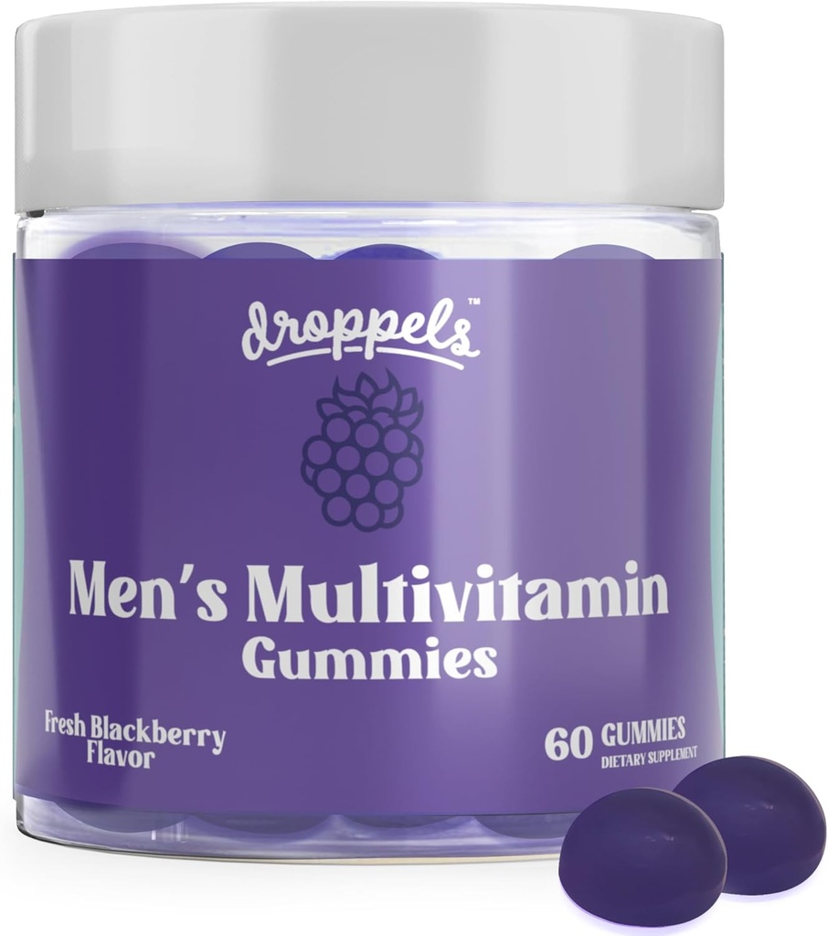 Droppels Men 's Multivitamin Gummies with Folic Acid, Vitamin A, D, C, E, K, B6, B12, Biotin & More Assembly 124; Vegan, Non-GMO & Pectin- Based Amend124; Fresh BlackBerry Flavor, 60 Count