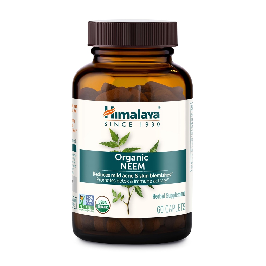 Himalaya Organic Neem, 60 Day Supply - Herbal Acne Supplements support Clear Skin and Detox - USDA Organic, Wegan, Non-GMO, Gluten Free, 600 mg, 60 Capplets