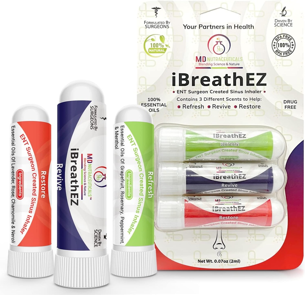 Zestaw do inhalacji iBreathEZ Nasal Sinus Inhaler, przygotowany przez chirurgów ENT z olejkami zasadniczymi dla energii, Stres, Decongesting & Cold lub Allergy Relief (3 opakowania)