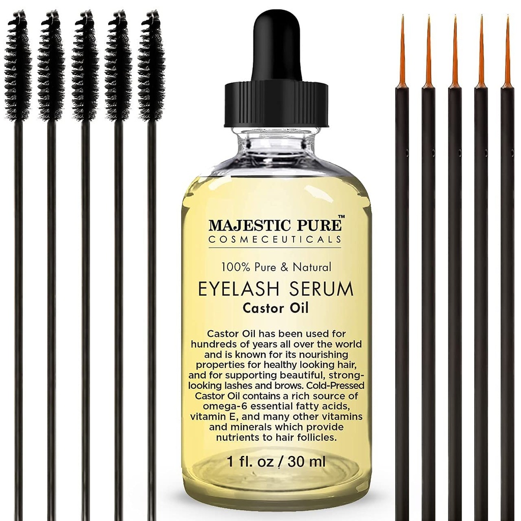 Majestic Pure Castor Oil Eyelash Serum - z Apple & Argan Stem Cells - Eyelash Growth Serum dla dłuższych grubszych rzęs, brwi i włosów - Darmowy zestaw Mascara Brush & Eyeliner Wnioskodawca - 1 fl oz