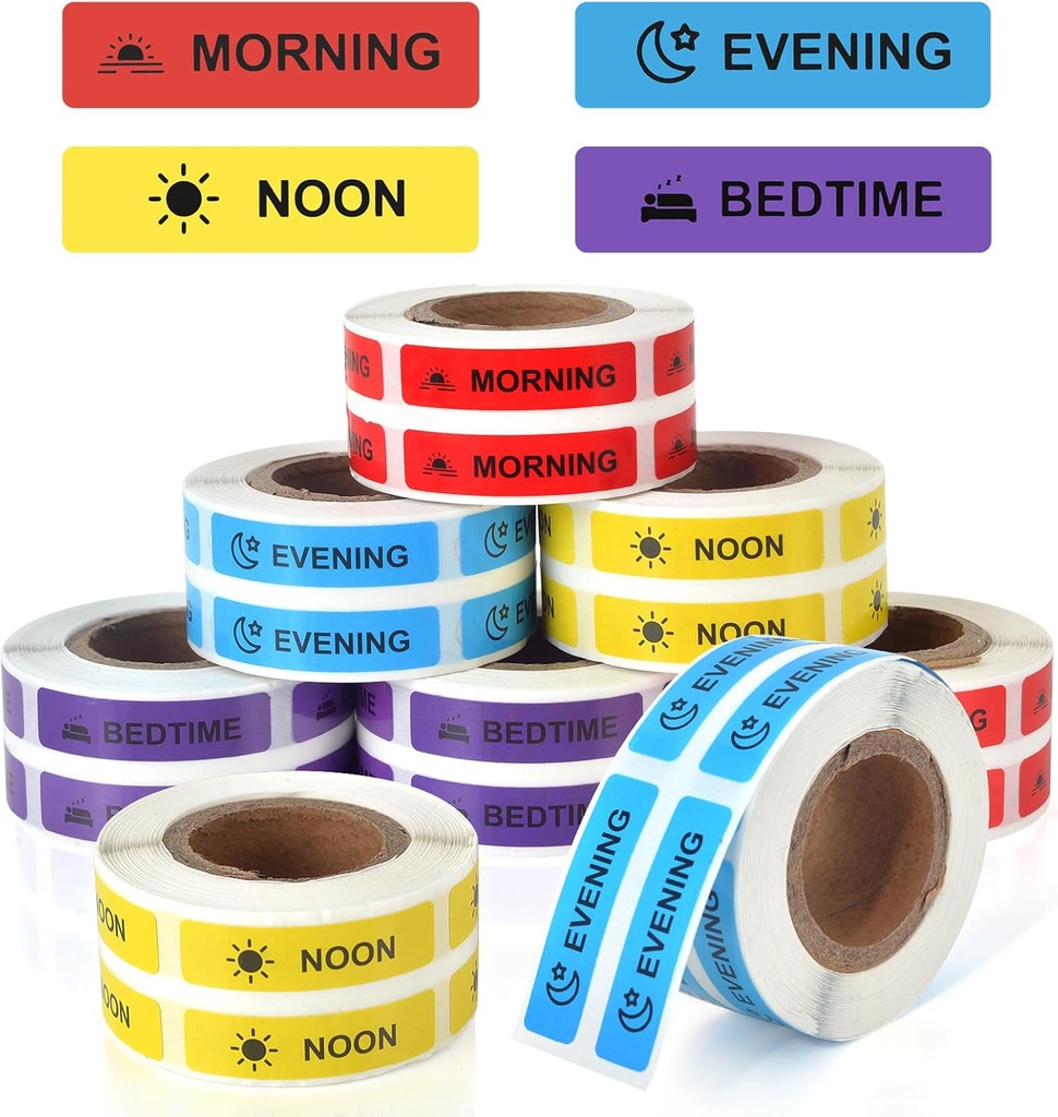 Medicine Stickers Medication Instruction Label Permanent Paper Label Morning Noon Evening Bedtime Stickers for Pill Case Planner 0.4 * 1.6inch (Each Design of 1000 Sheets)