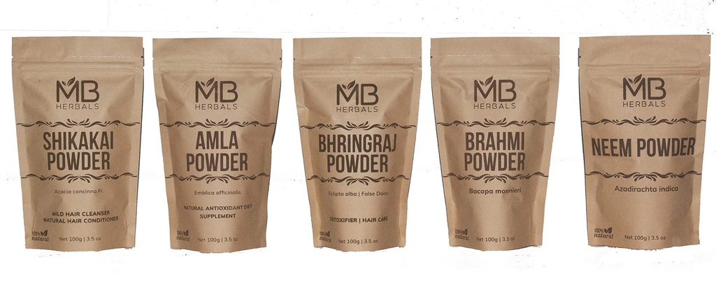 MB Herbals Hair Care Powders COMBO Pack: 124; Shikakai: 124; Neem: 124; Brahmi: 124; Amla: 124; Bringaraj: 124; Proszki: 124; 100 Gramów: każdy: 124; Do opakowania do włosów: 124; Tylko do użytku zewnętrznego: