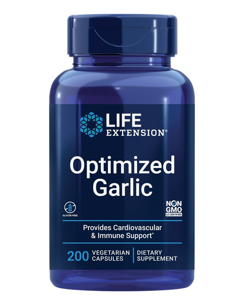 Life Extension Zoptymalizowany czosnek, znormalizowane kapsułki dla zdrowia serca, immunologiczne, detoksykacji komórkowej i zdrowe płytki, Gluten- Free, Nie-GMO, wegetariańskie, 200 kapsułki