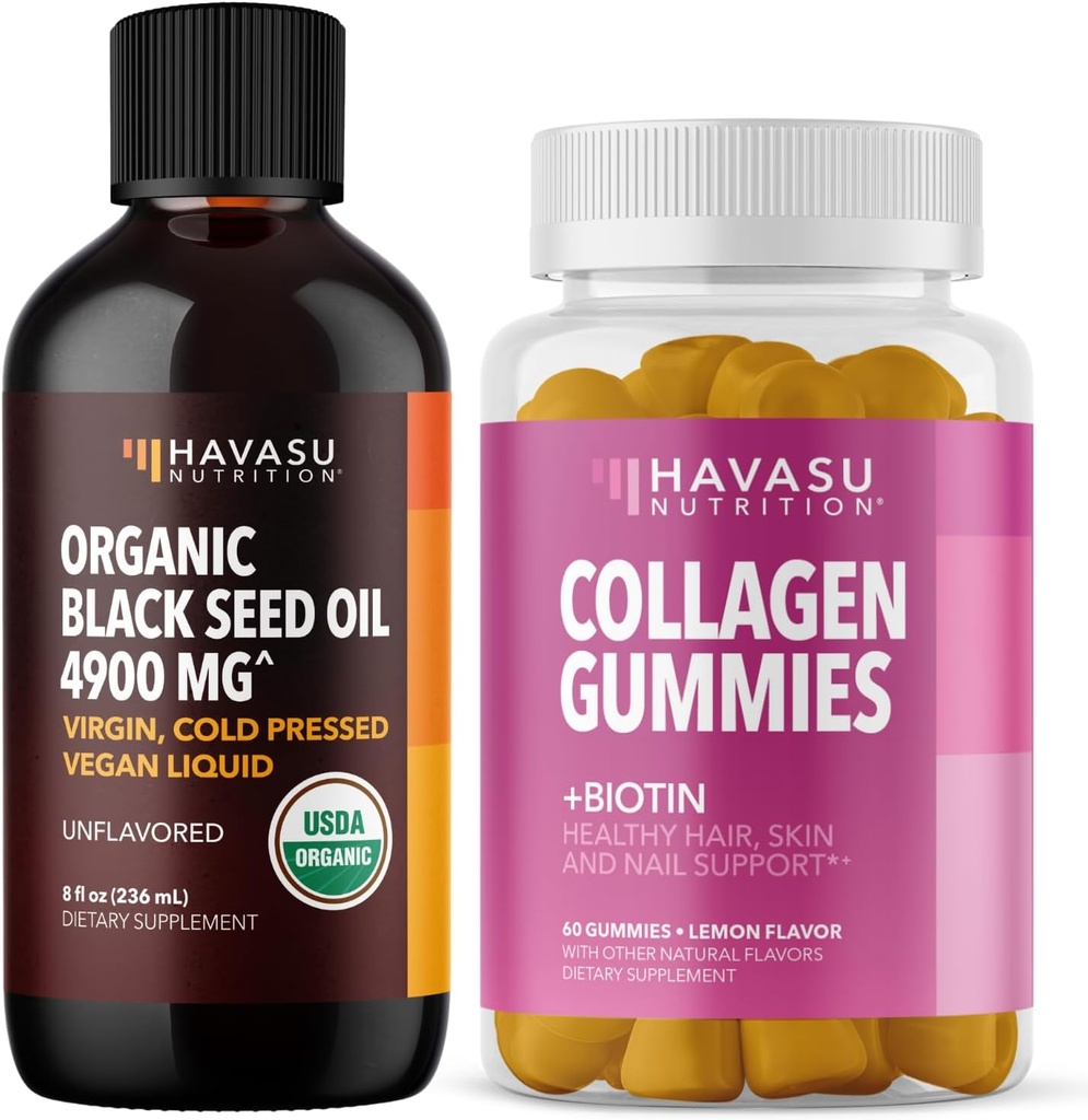 HAVASU NUTRITION Organic Black Seed Oil Liquid + Colagen Gummies Bundle