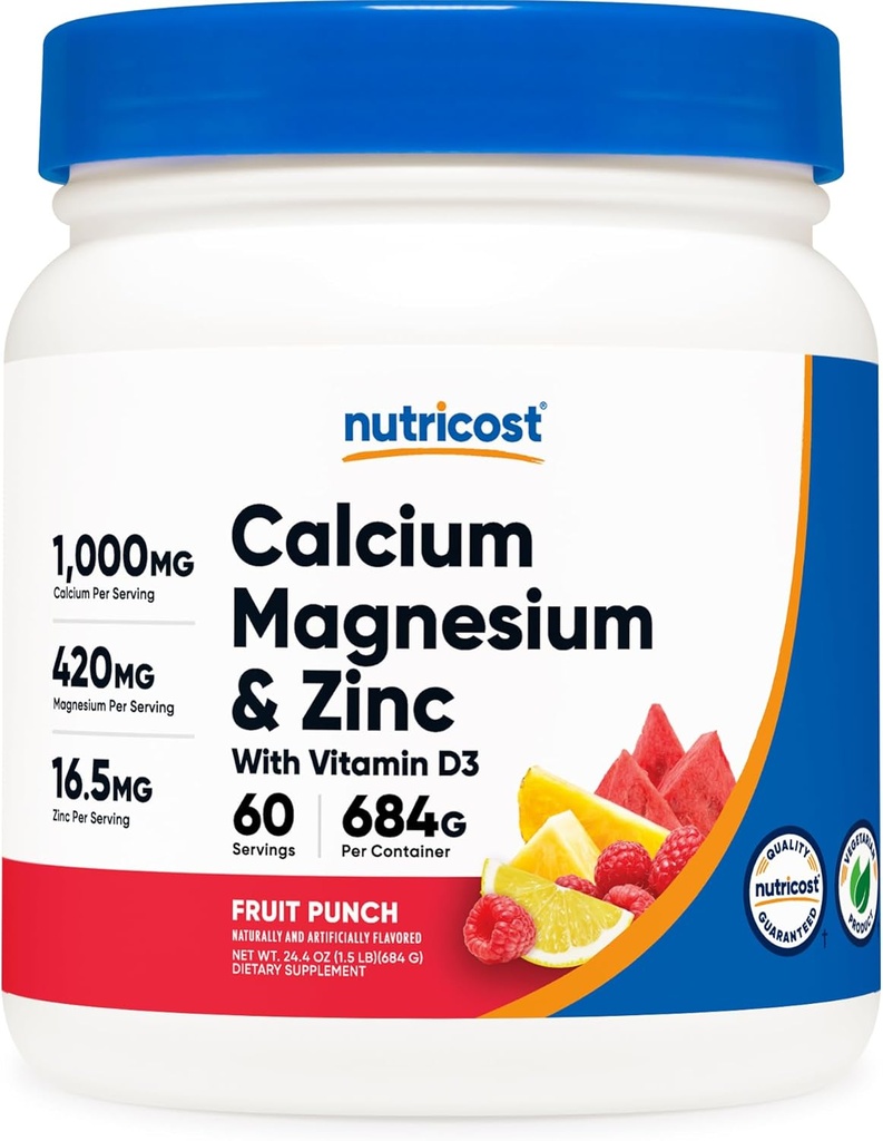 Nutricost Magnezu wapnia Cynk z witaminą D3 Proszek, 60 Słupki (Fruit Punch) - Wapnia (1000 MG) Magnez (420 MG) Cynk (16.5 MG) Witamina D3 (30 MCG) - Bez glutenu, Non-GMO