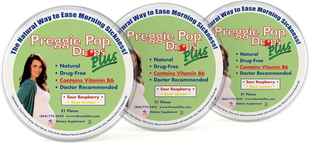 Preggie Pop Drops Plus Bis 124; 21 Krople Każdy Bis 124; Witamina B6 dla porannej choroby w czasie ciąży 124; Sejf dla ciężarnych Mama & Dziecko Bis 124; Gluten Free Bis 124; Dwa aromaty: Lemon & Malina (Opakowanie 3)