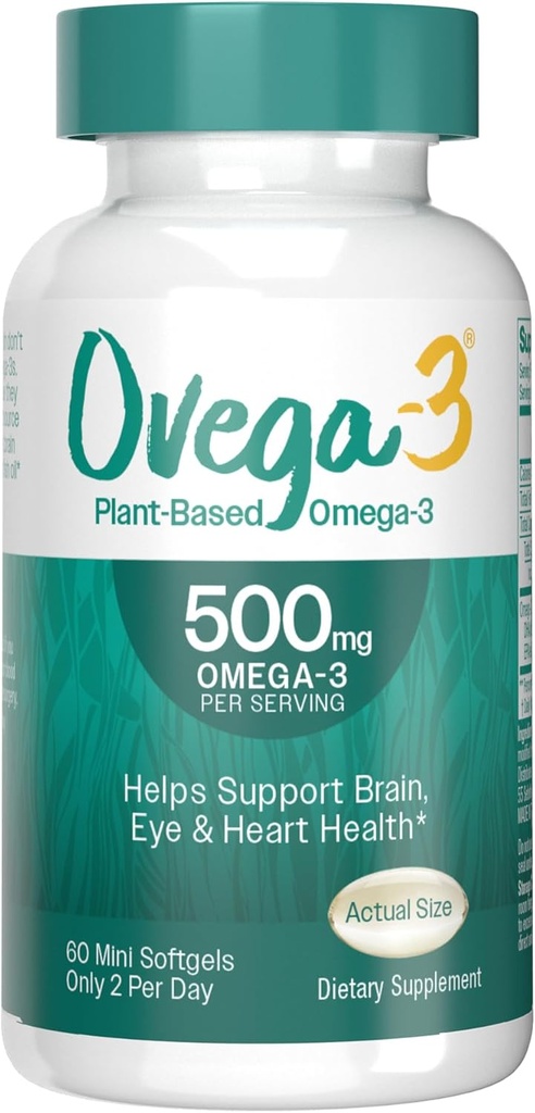 OVEGA-3 Plant-Omega-3 z Algal Oil Daily Supplement, 500mg, Wspiera mózg, Eye & Heart Health, Dwa mini softgele dziennie, 60 Count