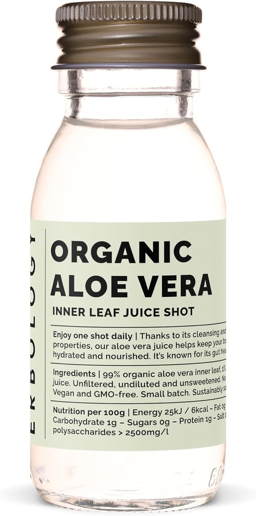 Erbologia Organic Aloe Vera Juice 12 Daily Shots (2 fl oz) - Immunitet Support and Detox - from Inner Leaf - Prosto z gospodarstwa w Hiszpanii - Nierozcieńczony - No Added Sugar - Non-GMO - Recyklible szklane butelki