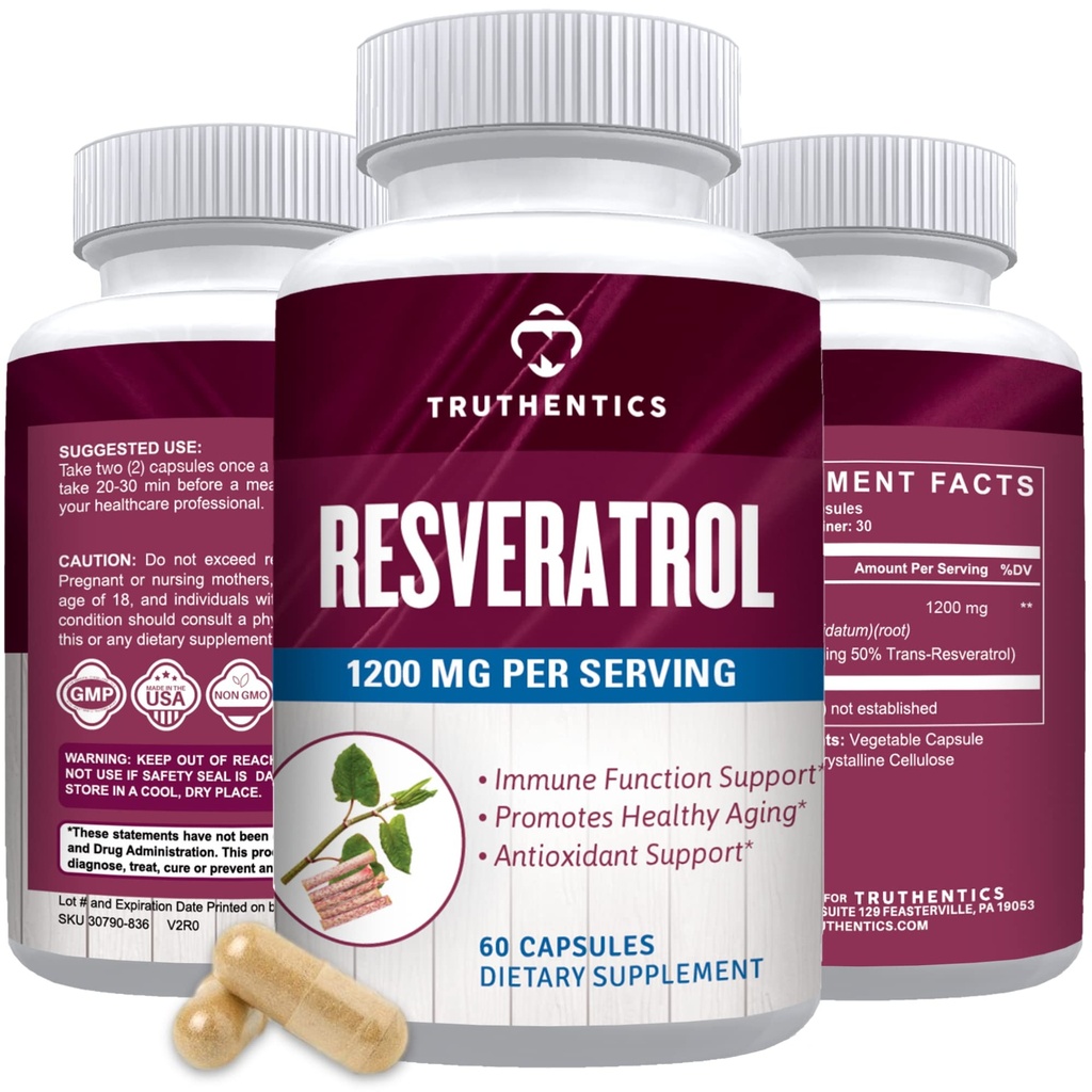 TRUThentics Resveratrol Supples 1200mg - Japońskie Kapsułki Knotweed - Wysoka potencja Trans Resveratrol Nutritional Supplements for Healthy Aging, Wibrant Skin & Immune Health - 60 Kapsułki wegańskie