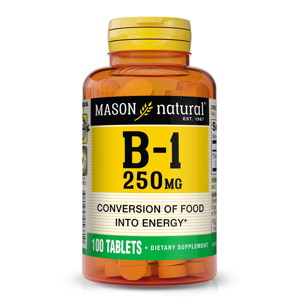 MASON witamina naturalna B, 1 Tiamina 250 mg, 100 Day Supply Suplement diety, Łatwy, do, Połknięcie tabletek, Wsparcie produkcji energii i zdrowego metabolizmu
