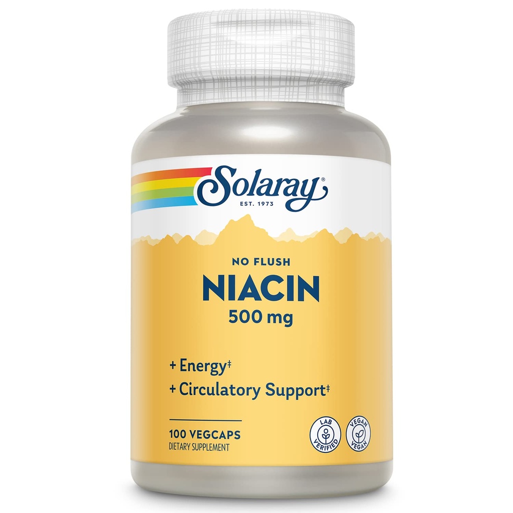 SOLARAY No Flush Niacin 500mg, Flush- Free Witamina B3 Niacyna, Energia i układ krążenia Wsparcie, Wegan, Laboratorium zweryfikowane, 60- Day Money- Back Gwarancja, 100 Służenia, 100 VegCaps
