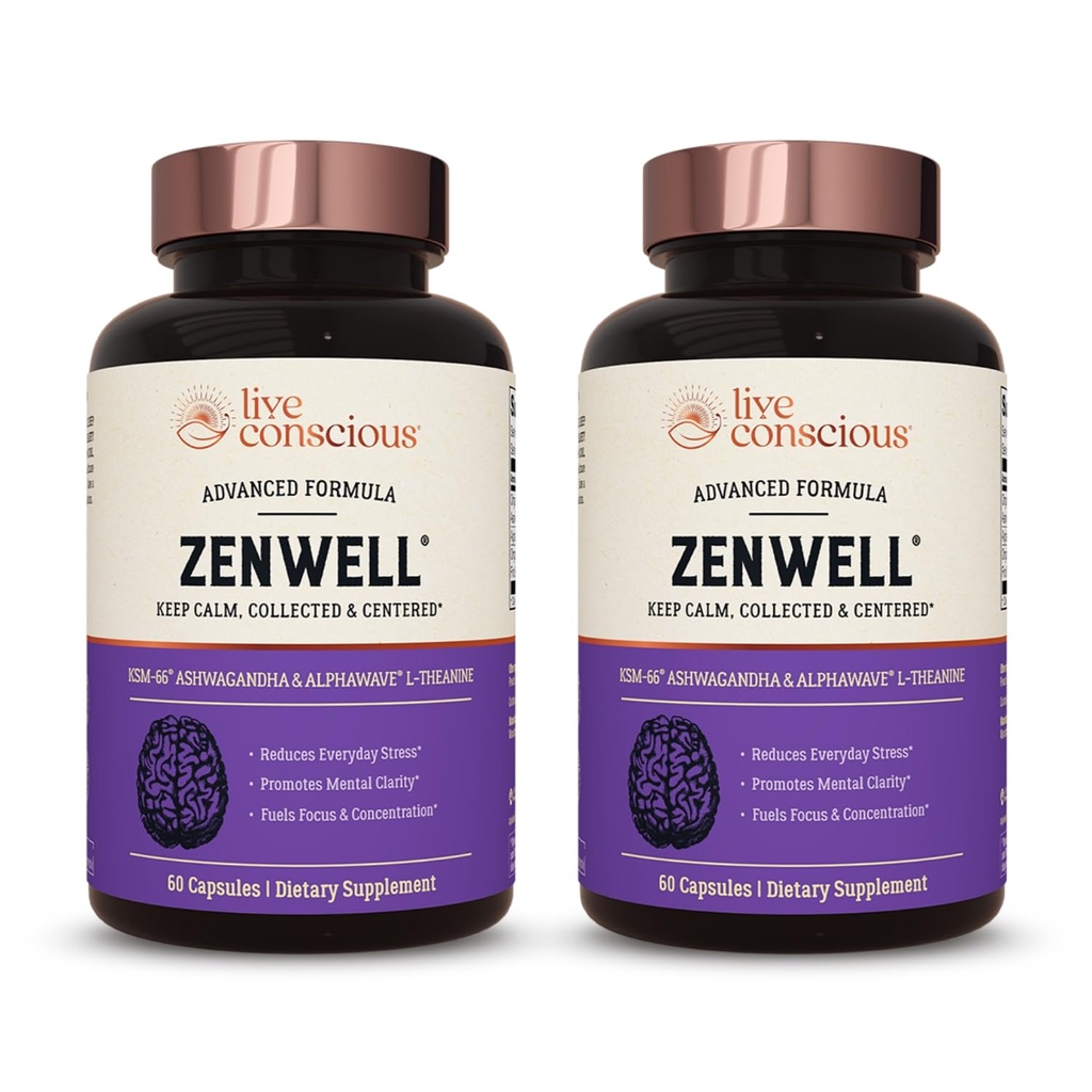 Live Conscious KSM-66 Ashwagandha Supplement w/L Theanine & AlphaWave - ZenWell Everyday Stress Relief, Cognitive, Brain Health - Ashwagandha for Men & Women - 60 Capsules (2-Pack)
