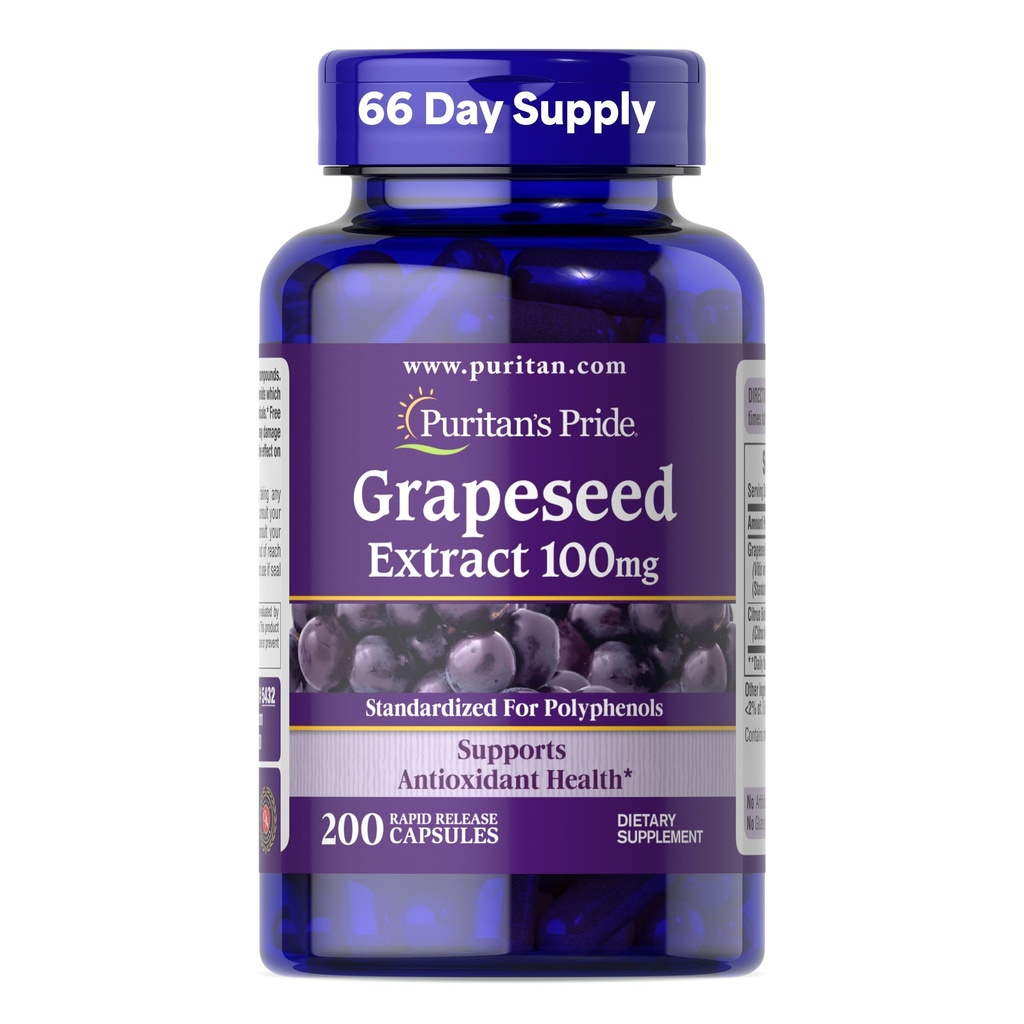 Pride Grapeseed Extract Puritan 100 mg z Citrus Bioflavonoid Complex, Suplement diety dla przeciwutleniaczy i wsparcia zdrowia serca, 200 Kapsułki szybkiego uwalniania