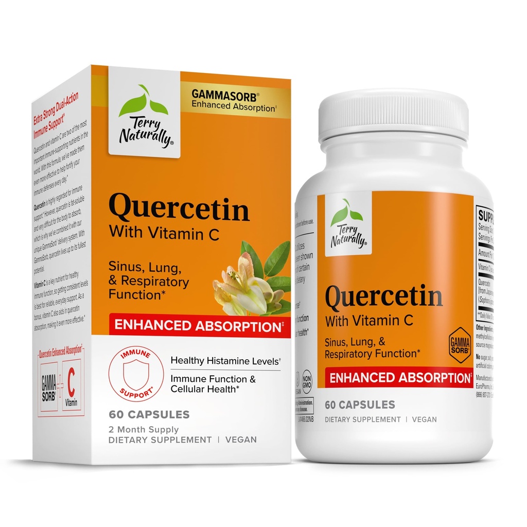 Terry naturalnie Quercetin z witaminą C Zwiększona absorpcja - Suplement Quercetin dla immunologicznego wsparcia i zdrowia komórkowego - Suplement oddechowy dla Sinus & Lung Zdrowia - 60 Kapsułki