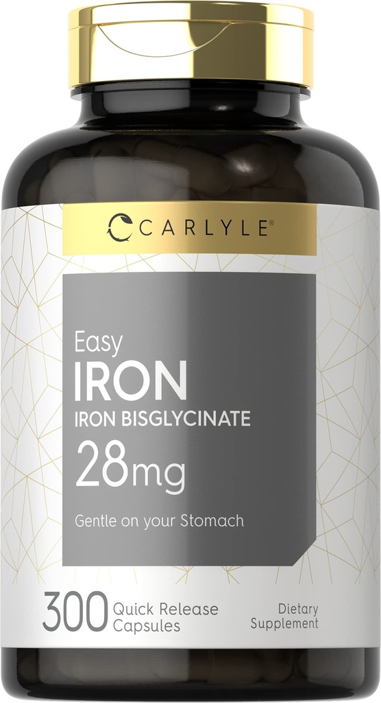 Carlyle Easy Żelazo Suplement dla Kobiet i Mężczyzn 124; 28mg 124; 300 Kapsułek 124; jako Żelaza Bisglicynian żelazny 124; Non- GMO i Gluten Free