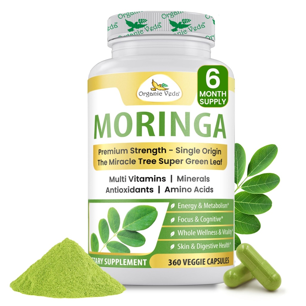 Organiczny proszek Veda Moringa Liść, 1000mg, 360 Count - True Green Native Organic Moringa Oleifera, Premium Siła Nutrigent Dense 100% Czyste liście - Energia, Sen & Wsparcie odporności - Wegan