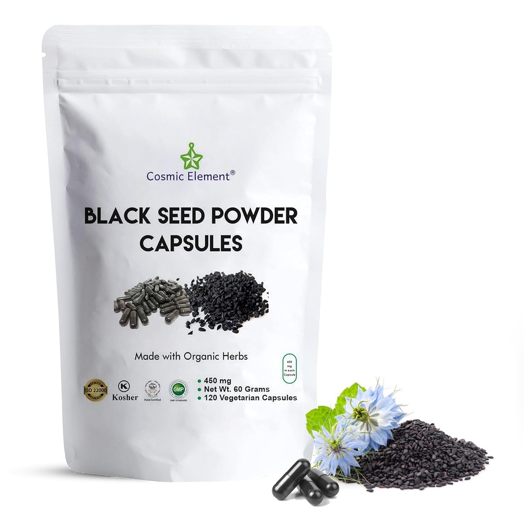 Kosmiczny Element 100% Czysty czarny proszek Kapsułki Organiczne - Wegan Nigella Sativa 450mg Czarny Kmin Nasiona per Serving for Health - 120 Kapsułki