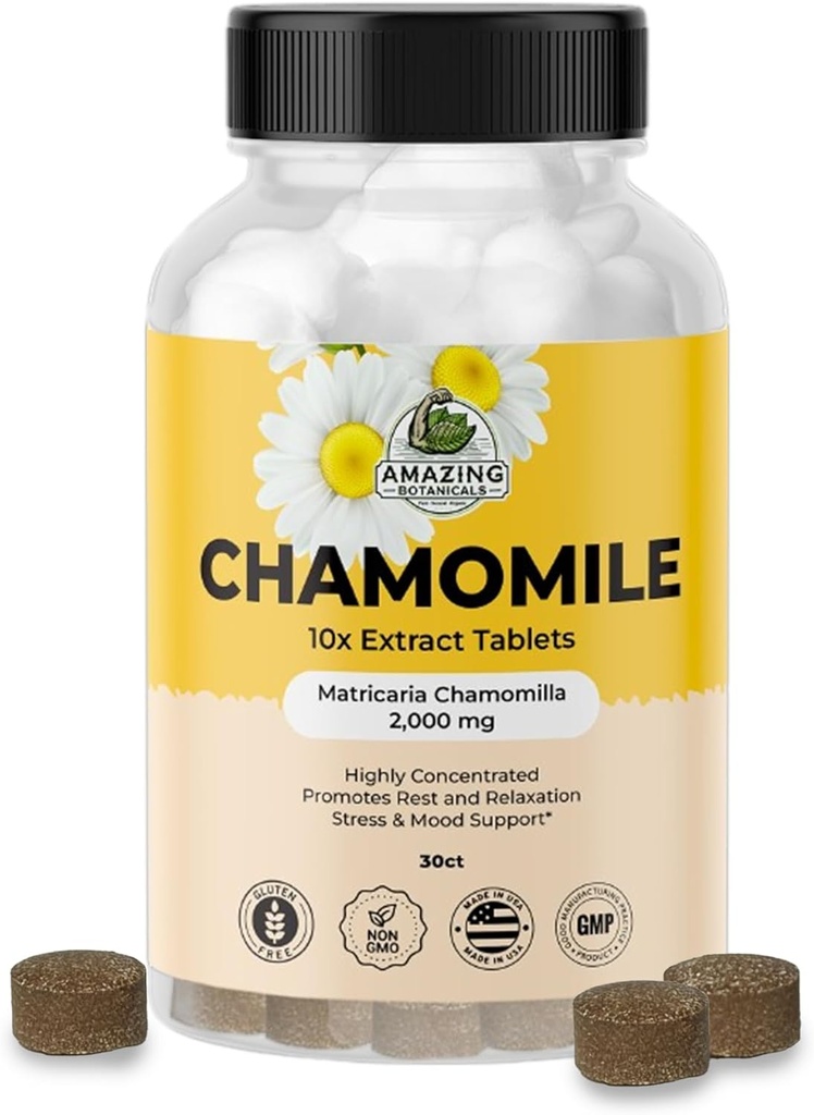 Amazing Botanicals Organic Rumomile Extract Tablets - Matricaria Chamomilla Plant-based Supplement - 10x Extract 2000 MG Each - Promotes Relaxation - 30 Tablets