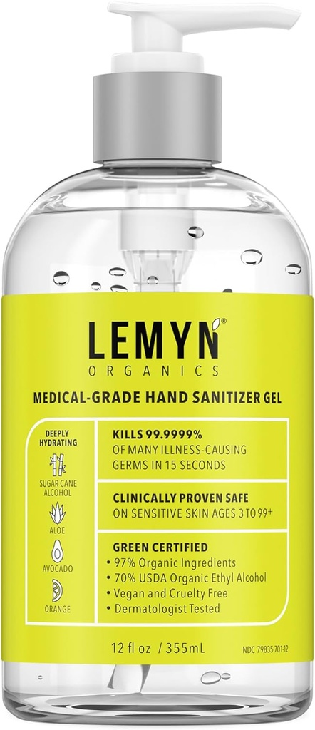 Sanityzator ręczny klasy medycznej żel - 97% organiczny 124; 70% USP alkohol etylowy 124; wilgotność Aloe + kwas hialuronowy 124; świeżo wyprodukowane w USA 124; 12oz Butelka z pompą