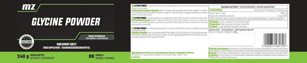 Glicyna w proszku 240g - 3000 mg glicyny na podawanie z witaminą B6- 80 Podawanie na opakowanie - suplement aminokwasu dla wieczornego spokoju - wegan i bez dodatków - przez MZ